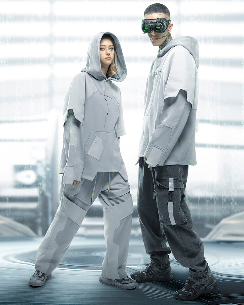 Hoodie Patchwork Fantôme Futuriste -  style cyberpunk - Hoodie Patchwork Futuriste en Blanc pour un Style Unique