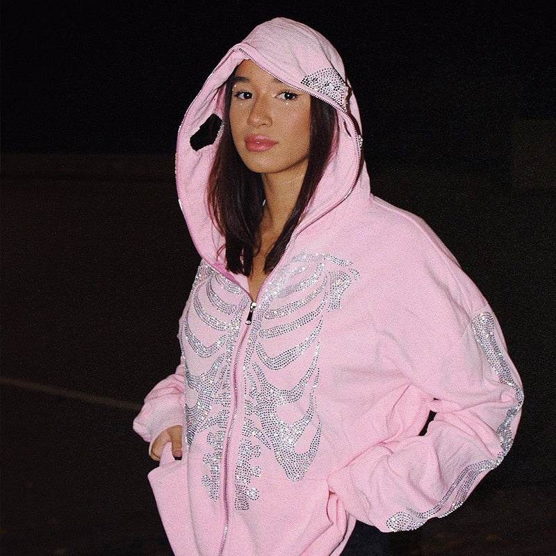 Hoodie squelette en strass -  festival - Hoodie Squelette en Strass pour un Style Unique
