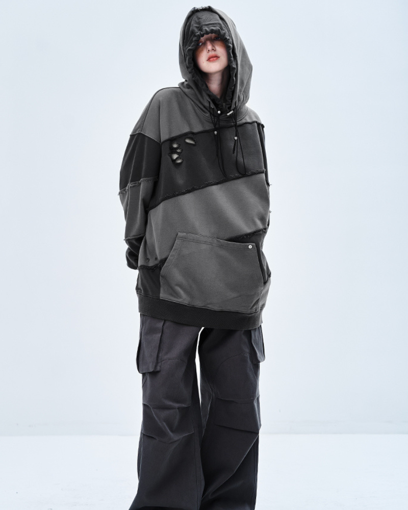 Hoodie Unisexe Patchwork Tendance -  tenues cyberpunk - Hoodie Patchwork Unisexe : Style Urbain et Confort