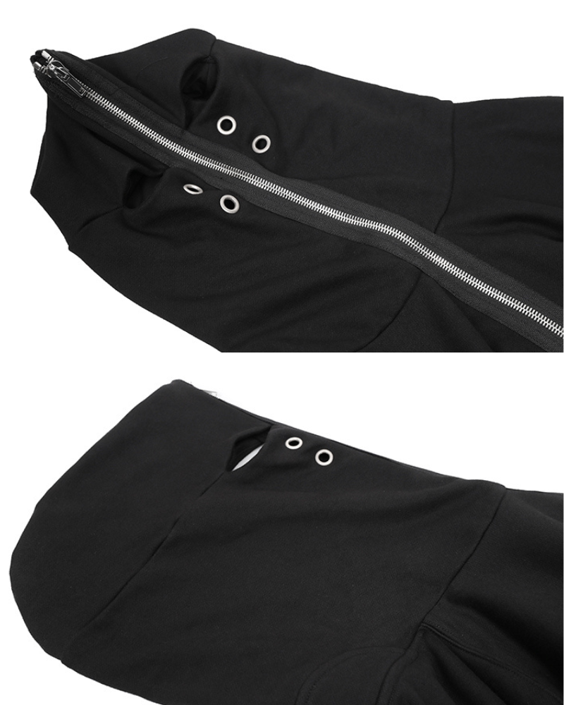 Hoodie Zippé Découpé Audacieux - hoodie - Hoodie Zippé Découpé en Noir au Style Techwear