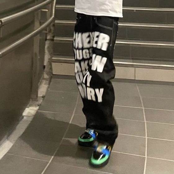 Jean Drip -  pantalons pratiques - Jean Drip : Jean imprimé urbain taille haute unisexe