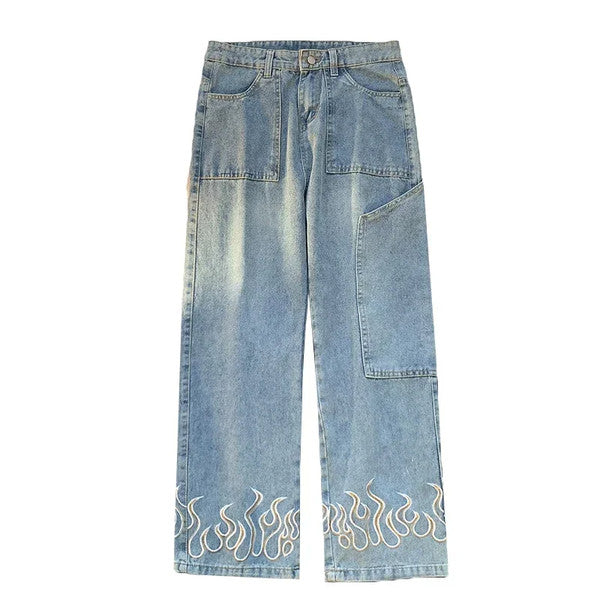 Jeans Flame - style streetwear - Jeans Oversized Imprimé Flammes pour un Style Unique