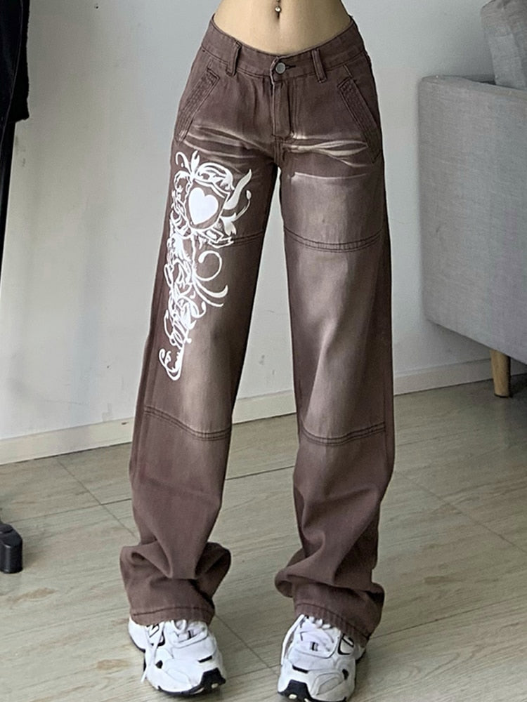 Jeans Y2K Taille Basse -  coupe ajustée - Jeans Y2K Taille Basse avec motifs de cœurs