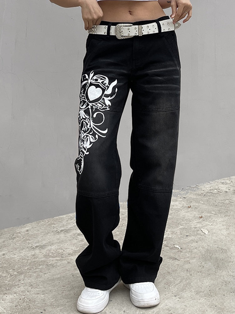 Jeans Y2K Taille Basse - jeans y2k - Jeans Y2K Taille Basse avec motifs de cœurs