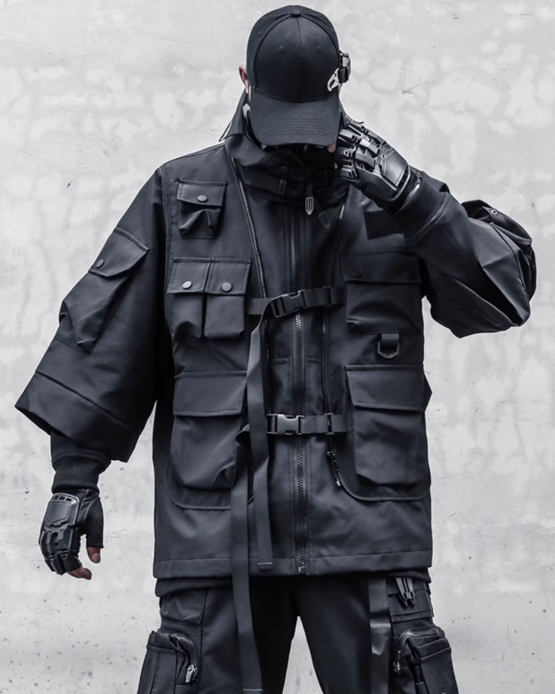 Manteau Cyberpunk Futuriste -  manteau de streetwear - Manteau Cyberpunk Futuriste en Polyester Noir