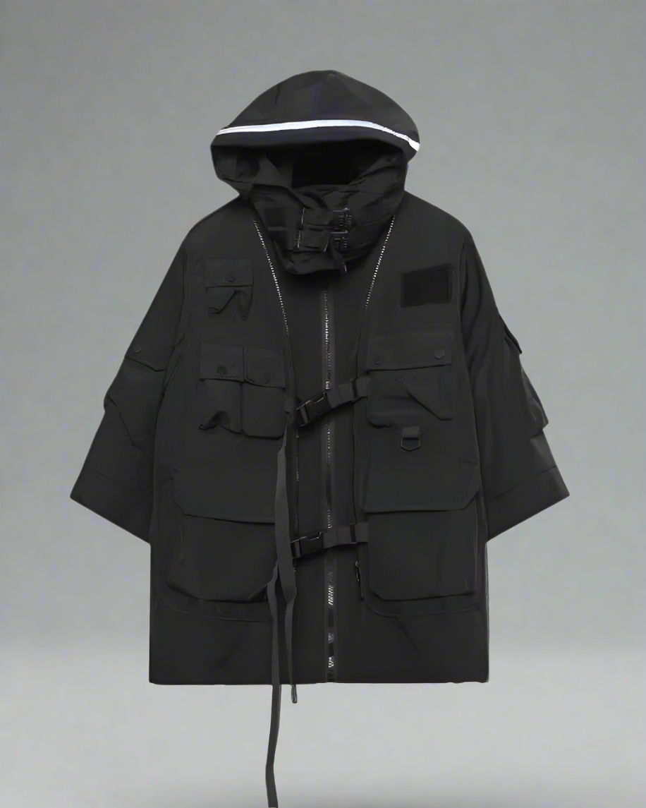 Manteau Cyberpunk Futuriste -  vêtements urbains - Manteau Cyberpunk Futuriste en Polyester Noir