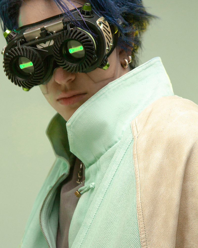 Manteau Patchwork 3D Avant-Garde -  capuche cachée - Manteau Patchwork 3D en Denim et Cuir