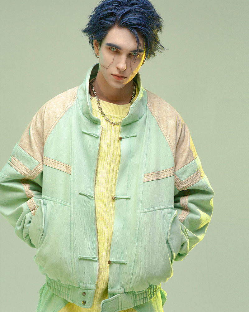 Manteau Patchwork 3D Avant-Garde -  capuche cachée - Manteau Patchwork 3D en Denim et Cuir