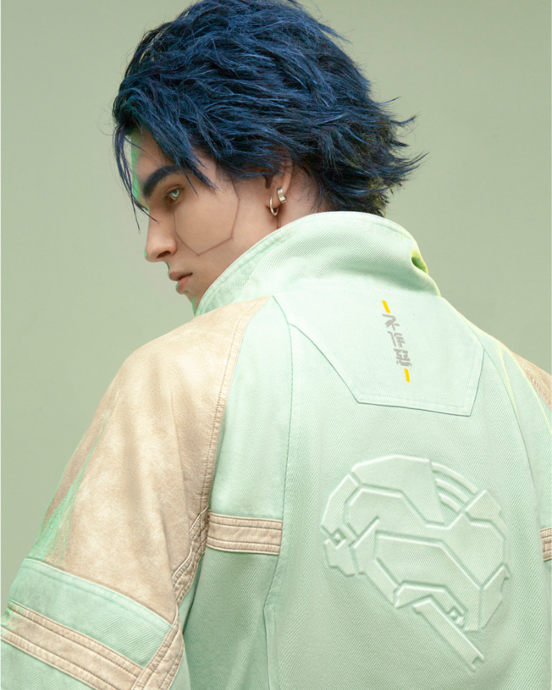 Manteau Patchwork 3D Avant-Garde -  couleur cyan - Manteau Patchwork 3D en Denim et Cuir