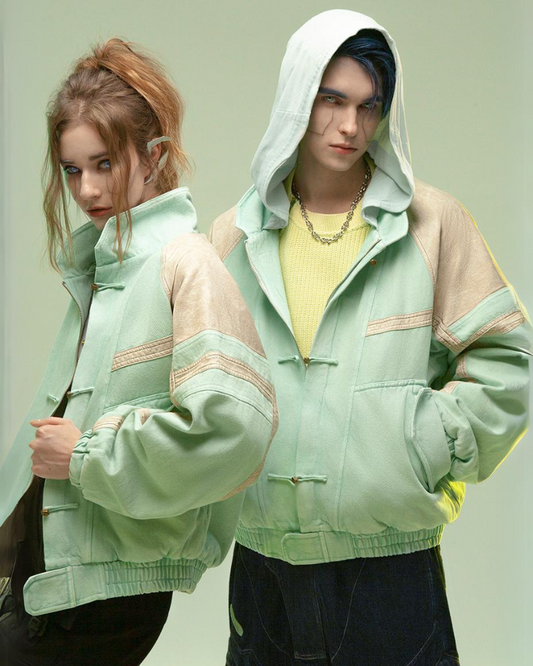 Manteau Patchwork 3D Avant-Garde - manteau - Manteau Patchwork 3D en Denim et Cuir