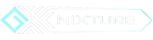 Logo NIXTURE — emblème « N » géométrique avec outline néon cyan et wordmark futuriste, version horizontale.