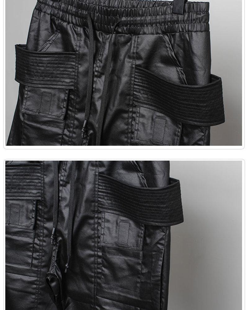 Pantalons Cargo Cirés Noirs Chic -  pantalons cirés - Pantalons Cargo Cirés Noirs Pour un Style Chic