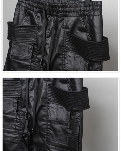 Pantalons Cargo Cirés Noirs Chic -  pantalons cirés - Pantalons Cargo Cirés Noirs Pour un Style Chic