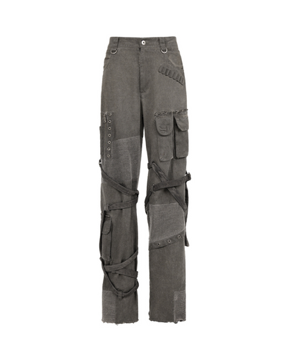 Pantalons Cargo Patchwork Stylés avec Bretelles -  gris - Pantalons Cargo Patchwork Stylés avec Bretelles en Coton