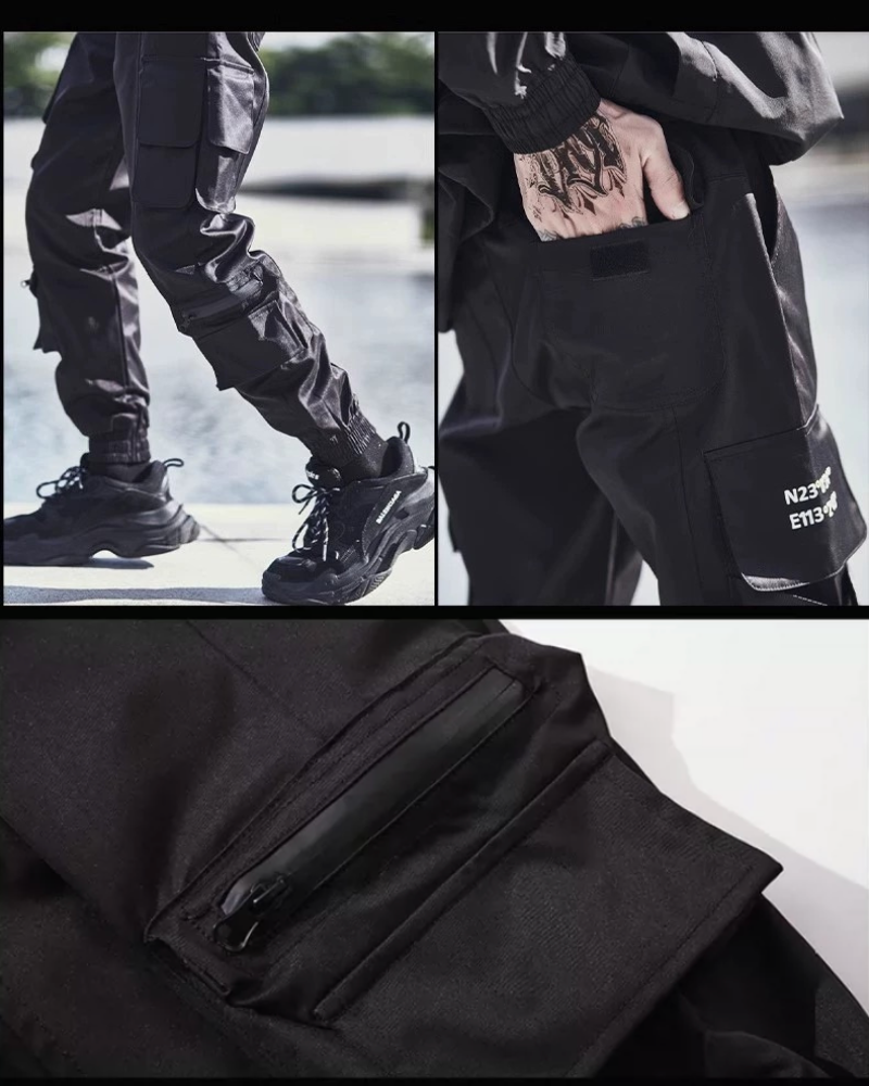 Pantalons Cargo Tech Noir Chic -  pantalons multi-poches - Pantalons Cargo Slim Noir avec Multi-Poches