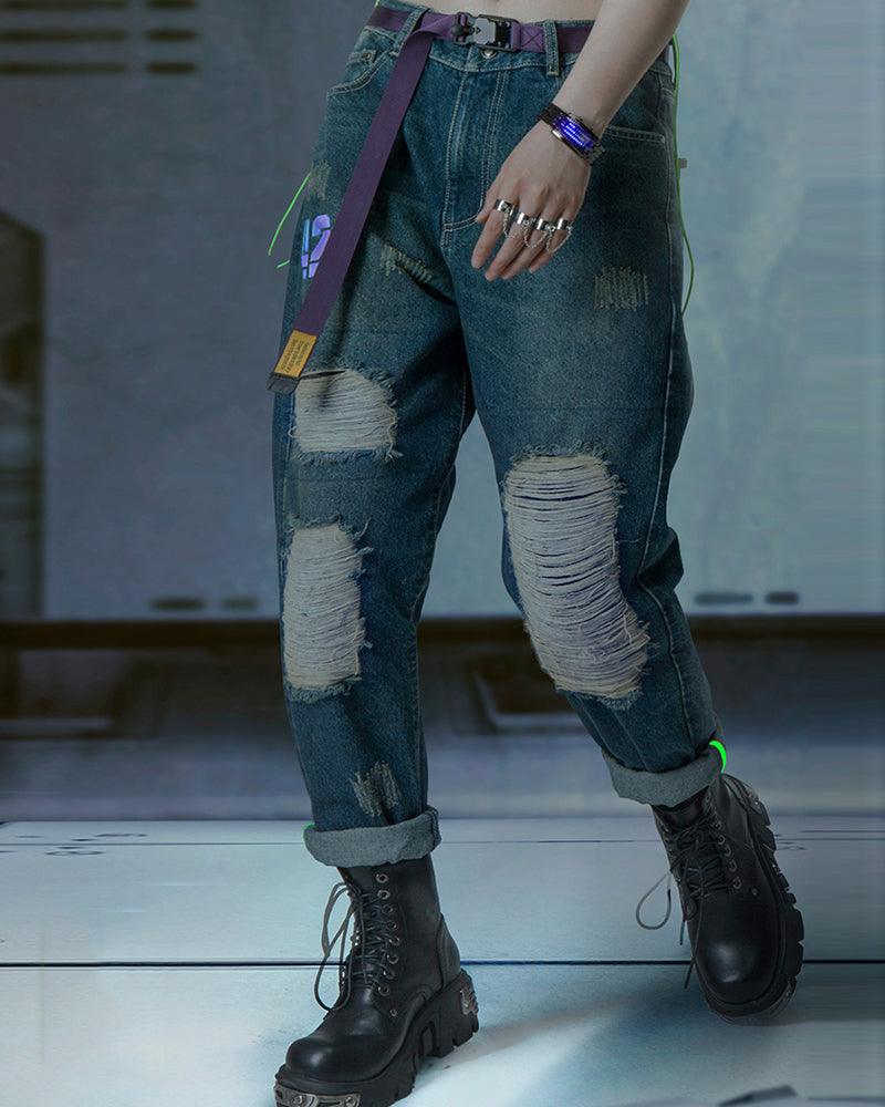 Pantalons en Denim Découpés au Laser Futuristes -  confortable - Pantalons en denim futuristes pour un look unique