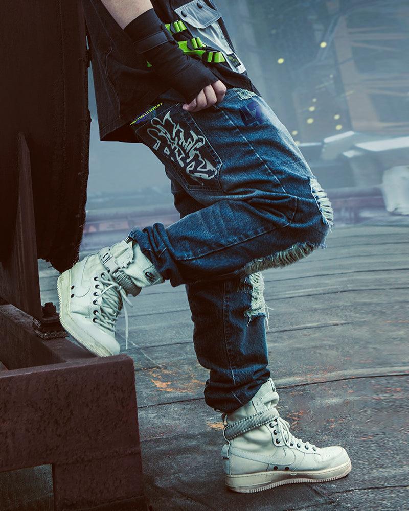 Pantalons en Denim Découpés au Laser Futuristes -  pantalons cyberpunk - Pantalons en denim futuristes pour un look unique