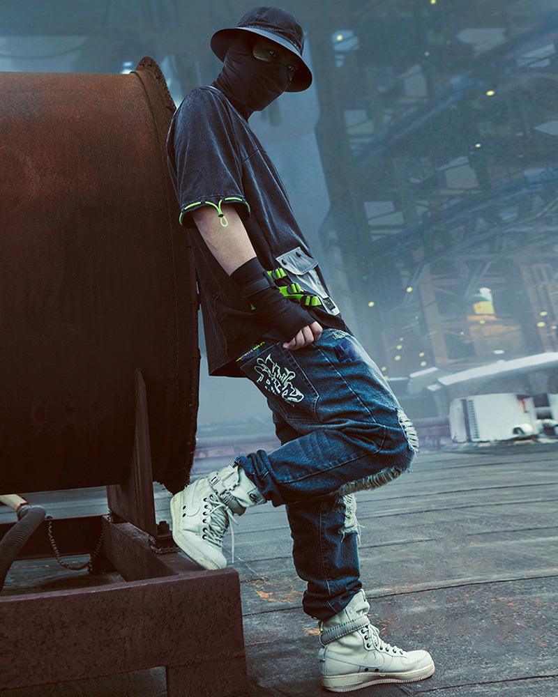 Pantalons en Denim Découpés au Laser Futuristes -  pantalons cyberpunk - Pantalons en denim futuristes pour un look unique
