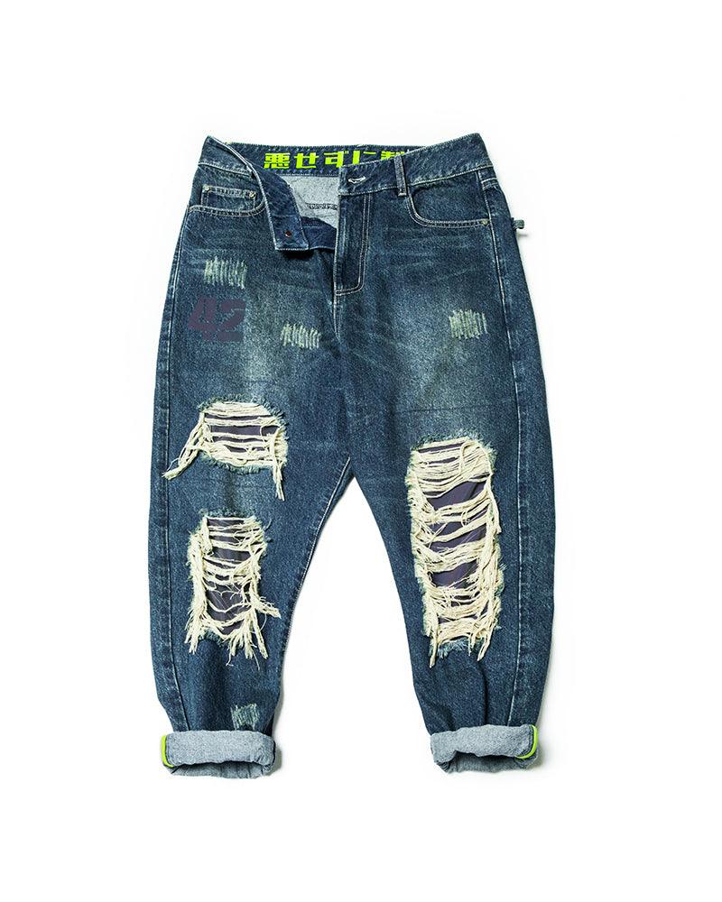 Pantalons en Denim Découpés au Laser Futuristes -  pantalons techwear - Pantalons en denim futuristes pour un look unique