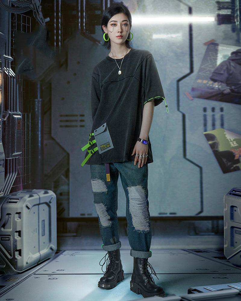 Pantalons en Denim Découpés au Laser Futuristes -  pantalons techwear - Pantalons en denim futuristes pour un look unique