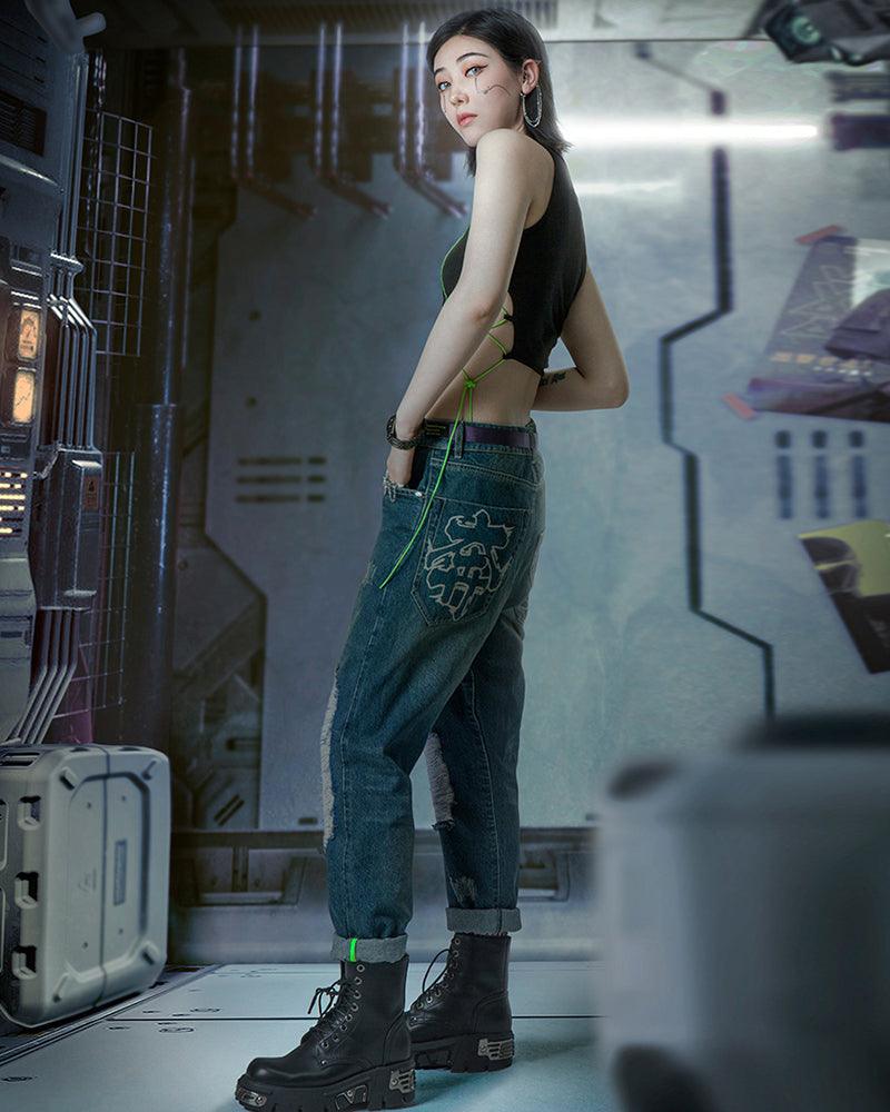 Pantalons en Denim Découpés au Laser Futuristes -  style futuriste - Pantalons en denim futuristes pour un look unique