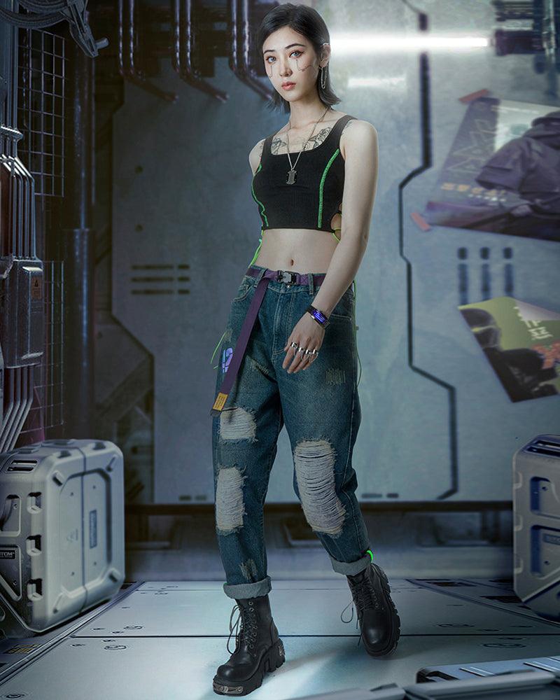 Pantalons en Denim Découpés au Laser Futuristes - vêtements en coton - Pantalons en denim futuristes pour un look unique