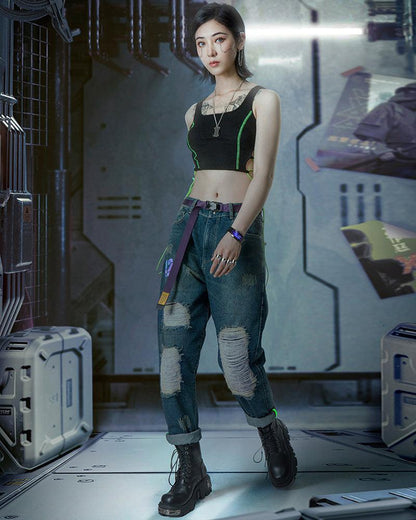 Pantalons en Denim Découpés au Laser Futuristes - vêtements en coton - Pantalons en denim futuristes pour un look unique