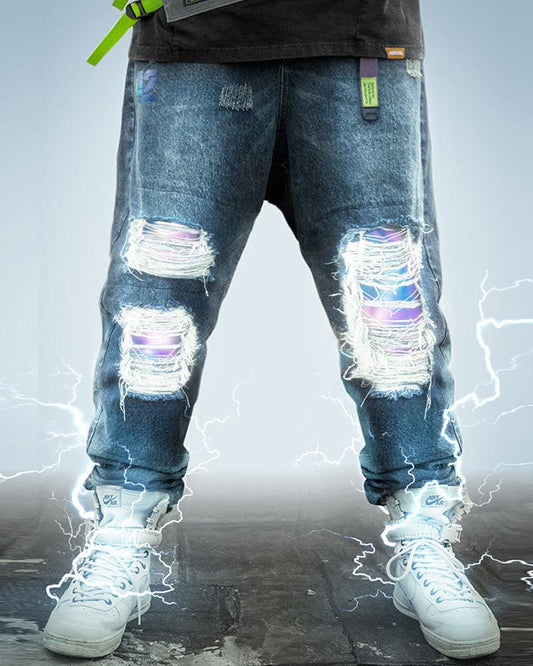 Pantalons en Denim Découpés au Laser Futuristes - vêtements en coton - Pantalons en denim futuristes pour un look unique