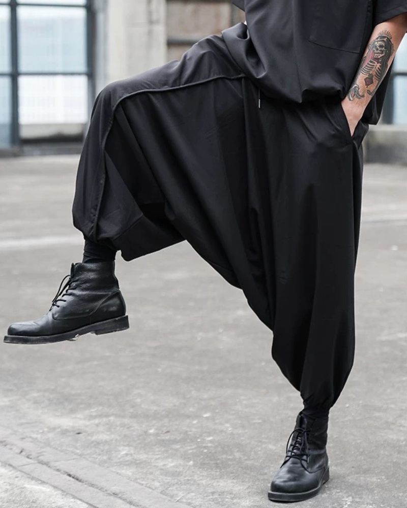 Pantalons Hakama Techwear Noir Chic - pantalons larges - Pantalons Hakama Techwear Noir pour un style moderne