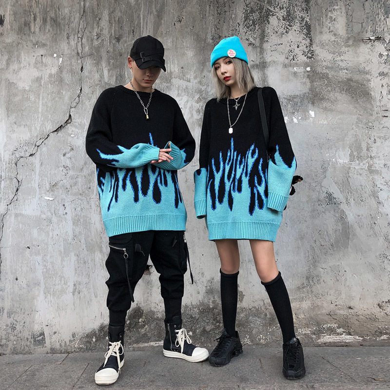 Pull en tricot bleu flamme -  bleu flamme - Pull en tricot bleu flamme au style Y2K décontracté