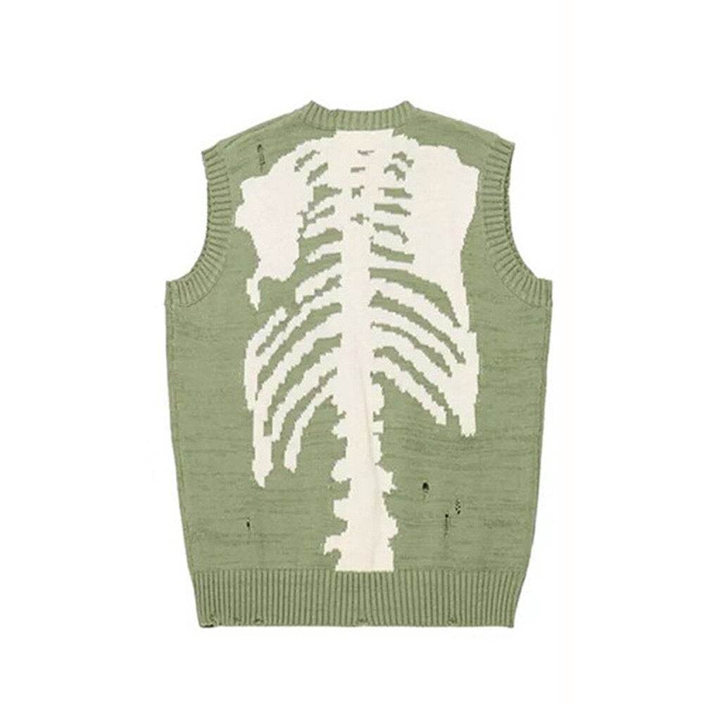 Pull vert avec motif de squelette - tenues années 2000 - Pull vert à motif de squelette pour un look unique