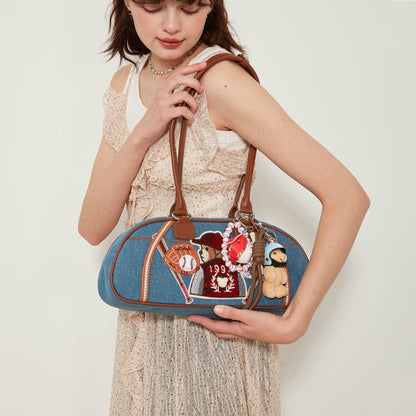 Sac Bowling Teddy en Denim Chic - sac denim - Sac Bowling en Denim Chic pour un Style Universitaire