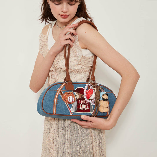 Sac Bowling Teddy en Denim Chic - sac denim - Sac Bowling en Denim Chic pour un Style Universitaire
