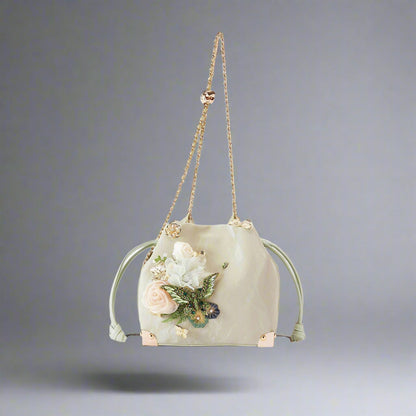 Sac seau à motifs floraux et papillons - sac seau - Sac seau fleuri et papillons élégant en vert sauge