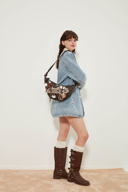 Sac Tote Croissant Lapin Fantaisiste -  café - Sac Tote en Croissant avec Détails de Café