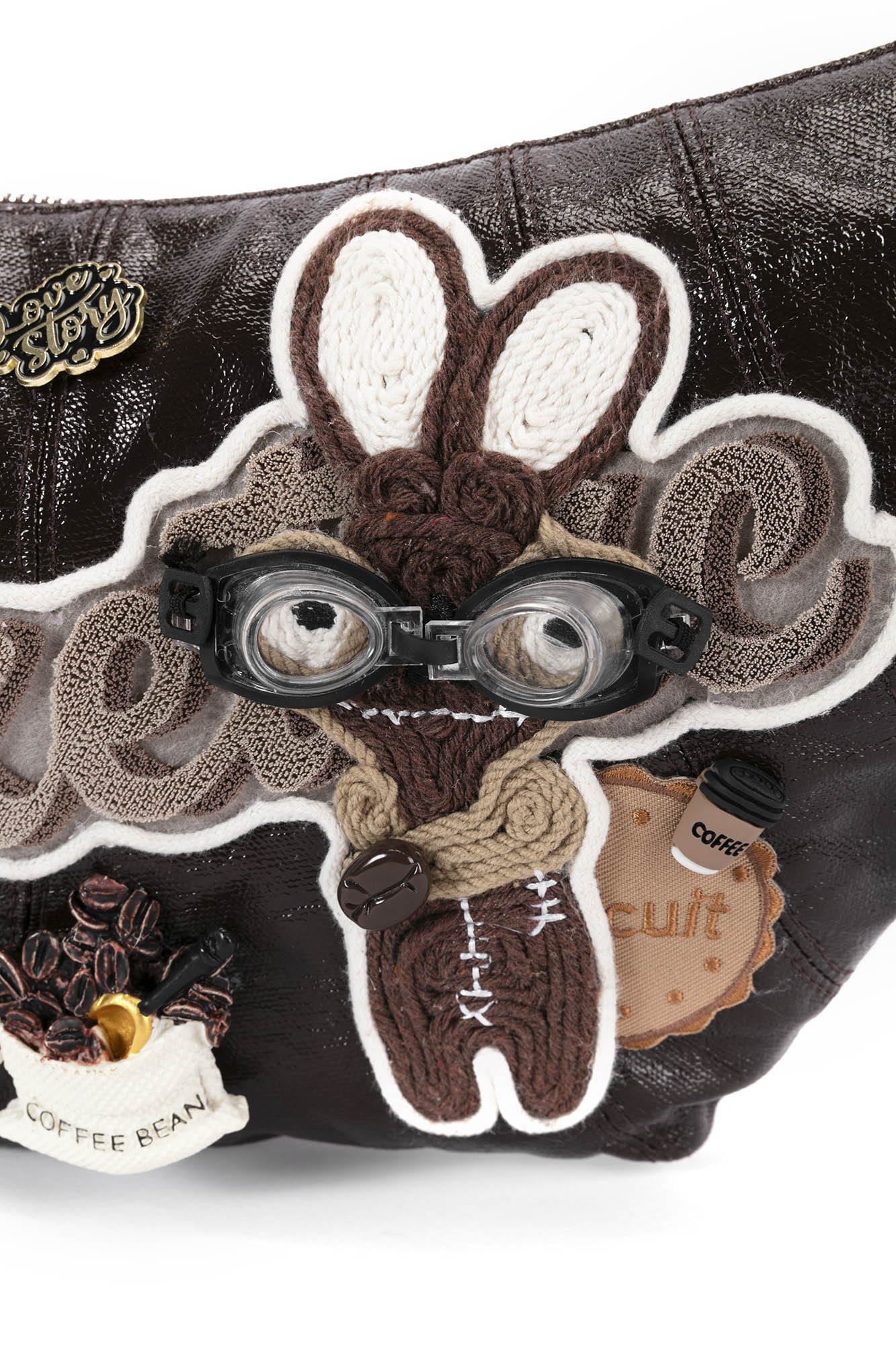 Sac Tote Croissant Lapin Fantaisiste -  sac avec patch - Sac Tote en Croissant avec Détails de Café