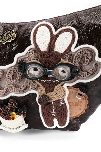 Sac Tote Croissant Lapin Fantaisiste -  sac avec patch - Sac Tote en Croissant avec Détails de Café