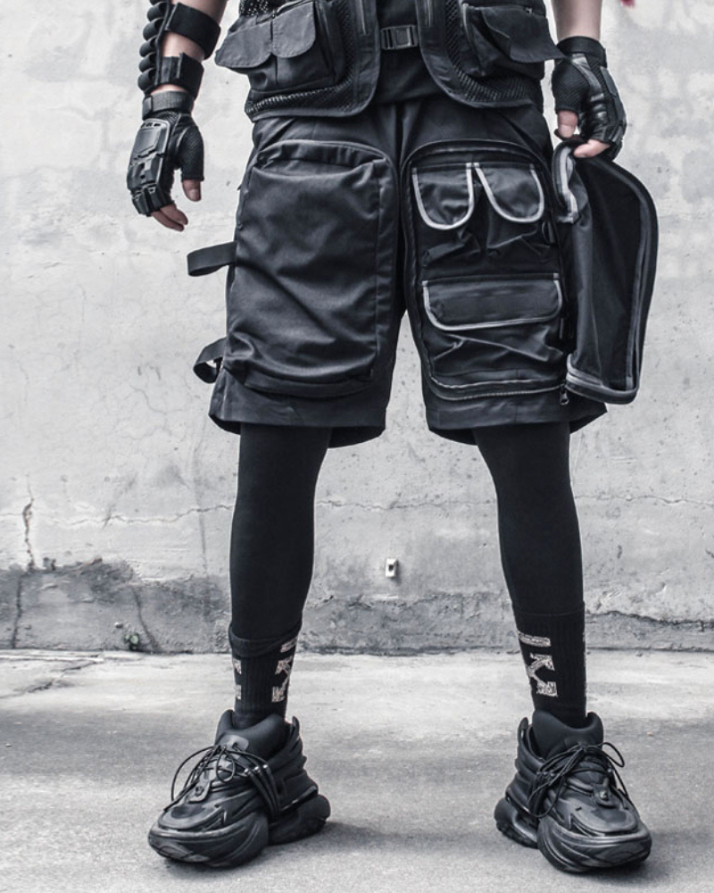 Shorts cargo polyvalents à poches multiples -  mode cyberpunk - Shorts cargo à poches pour le plein air et la ville