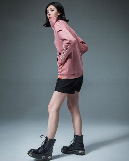 Hoodie Col Roulé en Suède Futuriste