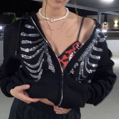 Sweatshirt à Strass en Squelette -  look unique - Sweatshirt à Squelette en Strass Unisexe Confortable