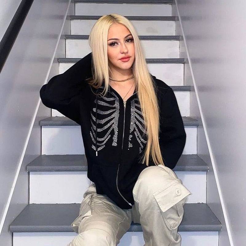 Sweatshirt à Strass en Squelette -  streetwear - Sweatshirt à Squelette en Strass Unisexe Confortable