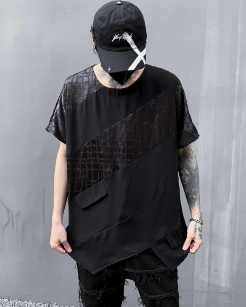 T-shirt à Ourlet Patchwork Chic -  design fonctionnel - T-shirt Patchwork Chic pour un Style Techwear Urbain