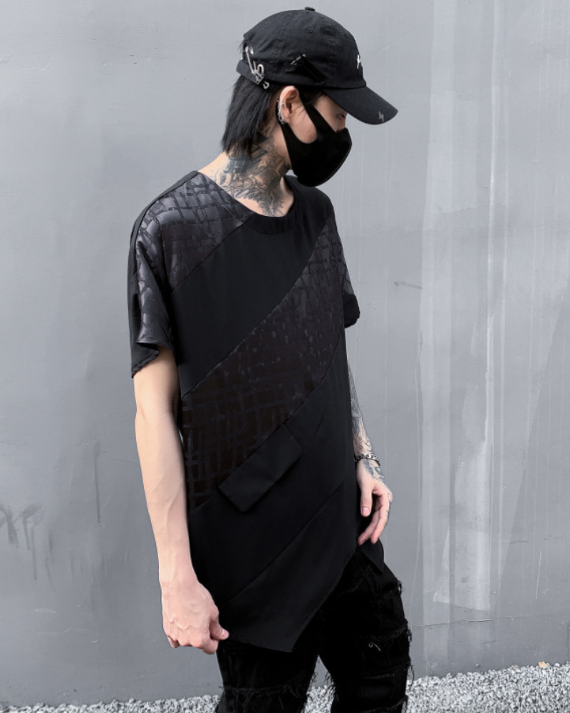 T-shirt à Ourlet Patchwork Chic -  t-shirt en polyester - T-shirt Patchwork Chic pour un Style Techwear Urbain