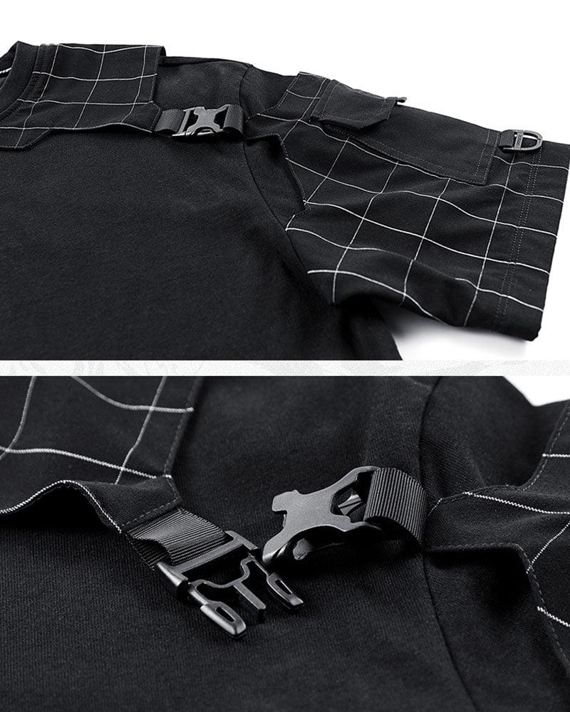T-Shirt Techwear à Carreaux Dynamique -  patchwork - T-Shirt Techwear à Carreaux pour un Style Unique