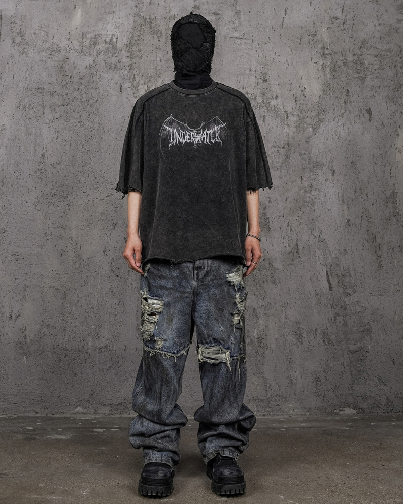 T-Shirt Vintage Tête de Démon -  tête de démon - T-Shirt Vintage Tête de Démon avec Bords Bruts