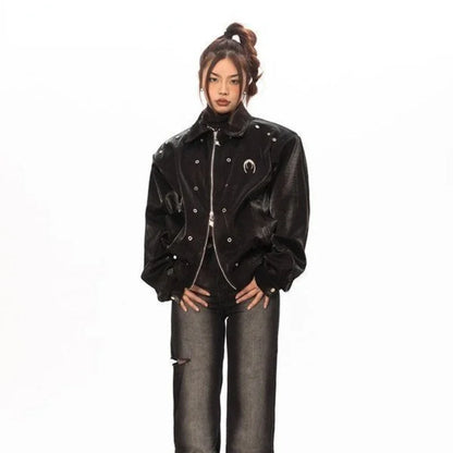 Veste en Cuir Y2K -  style rétro - Veste en cuir Y2K : audace et style intemporel