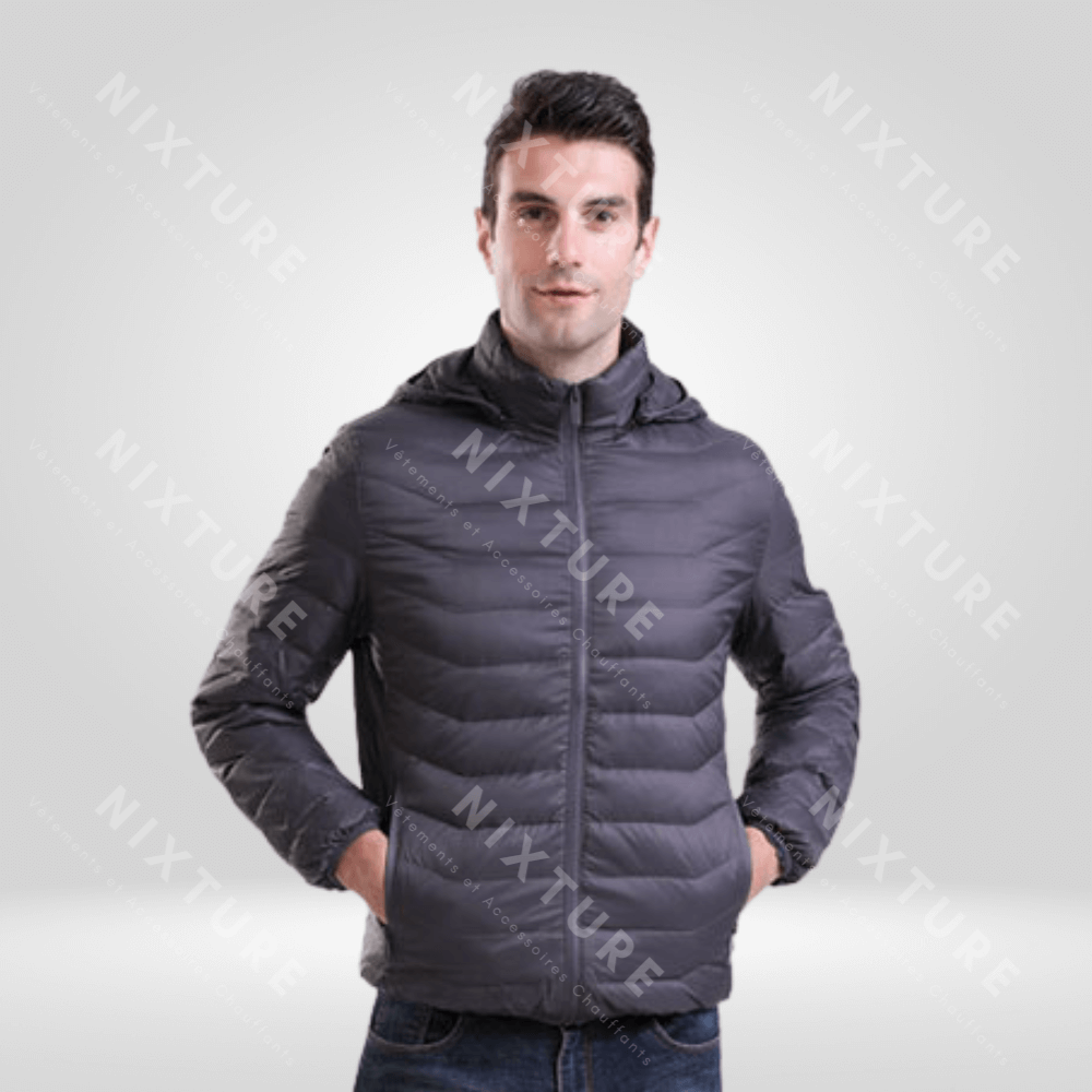 Doudoune Chauffante à Capuche Amovible - Gris - veste chauffante pour homme - Doudoune Chauffante à Capuche Amovible en Gris